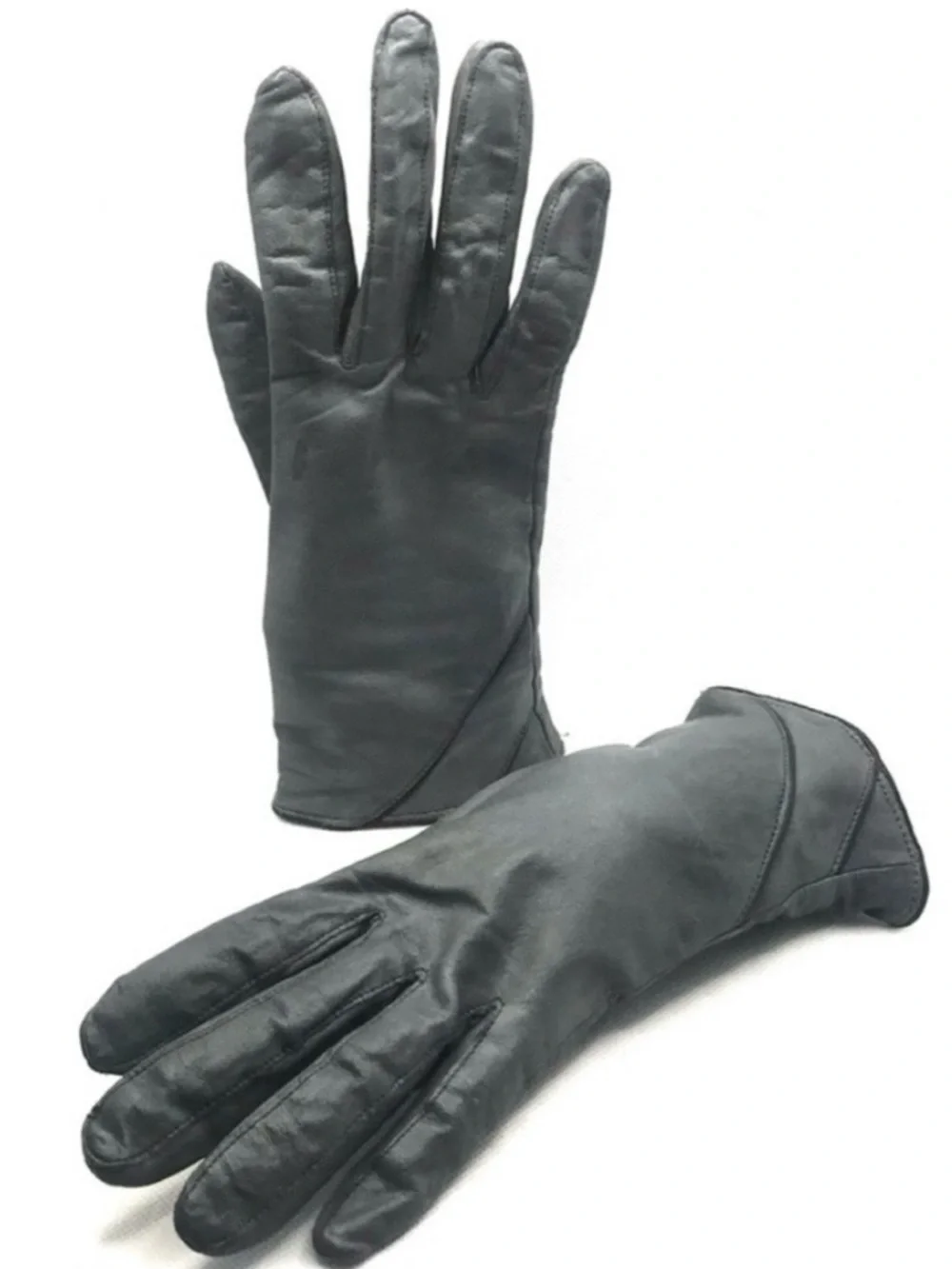 VINTAGE BERMANS GRAY LEATHER WITH BLACK TRIM LINED GLOVES (M)